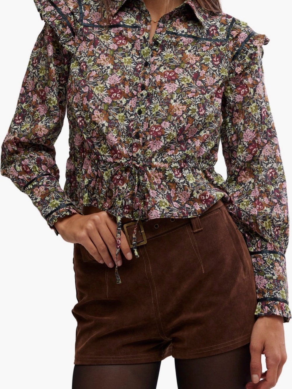Free People Printed Daybreak Blouse Ruffle Long Sleeve Tie Drawstring Size SP